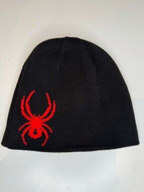 Spyder Reversible Beanie - Red & Black Knit Ski Hat - Embroidered Spider Logo -